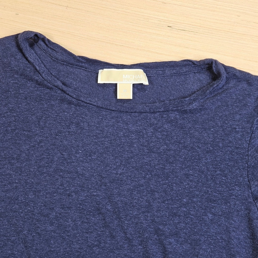 Michael Kors T-Shirt Women M Navy Blue Linen Blend Short Sleeve Slit Hem Casual